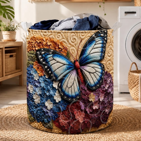 Butterfly Quilted Laundry Basket, Blue Floral Garden Hamper, Cottagecore Butterfly Laundry Bin, Whimsical Fabric Storage Basket