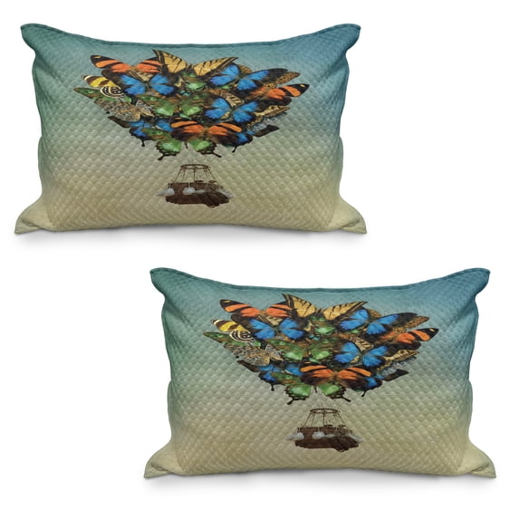Butterfly Quilted Pillowcover Set of 2, Abstract Design Air Balloon Graphic with Colorful Butterflies and Basket Cabin, Standard Queen Size Pillow Cover Bedroom, 36" x 20", Multicolor, by Ambesonne
