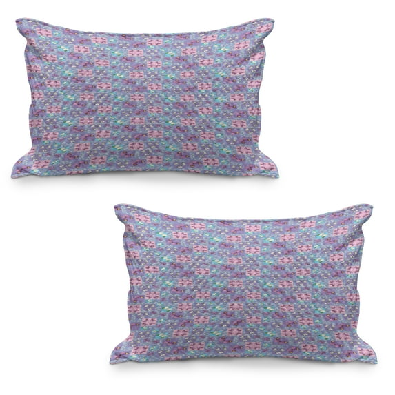 Butterfly Quilted Pillowcover Set of 2, Springtime Theme Lively Colored Ornate in Squares with Leaves, Standard Queen Size Pillow Cover for Bedroom, 30" x 20", Multicolor, by Ambesonne