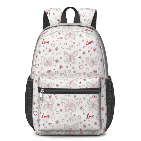 Butterfly Red Pattern Heart Pattern 17" Waterproof Oxford School Backpacks for Teens, S-Shape Padded Straps, for School, Travel, Hiking, Camping