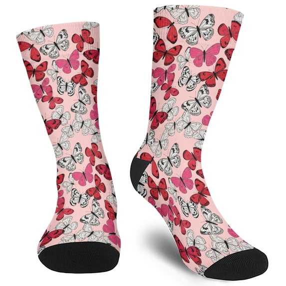 Mid Guy Butterfly and Red White Pattern Men's Mid-calf Crew Socks, Everyday ...