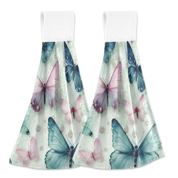 Butterfly Retro 2pcs Bathroom Hanging Towels Velcro Soft Hand Towel Absorbent Tie Towels for Kitchen Toilet Tea Bar Washcloth