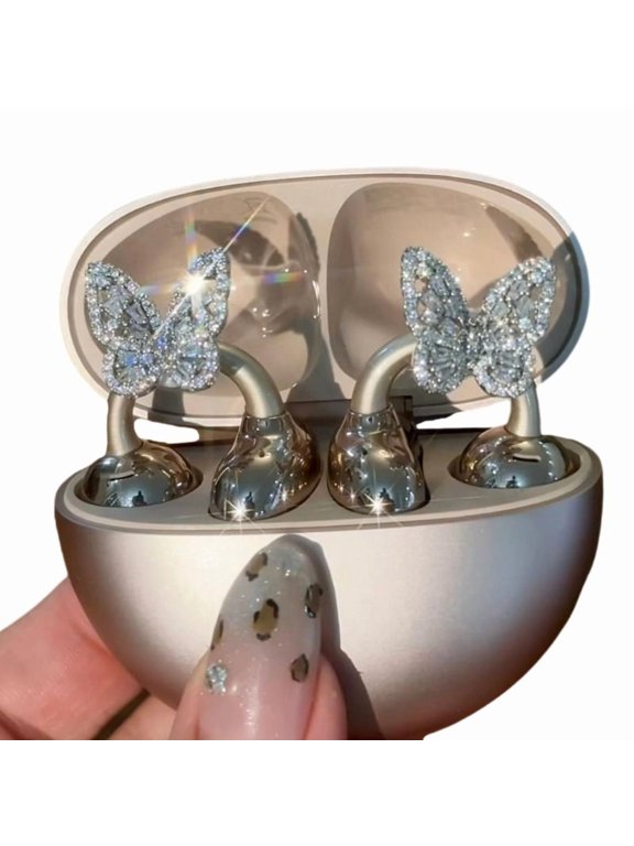 Butterfly Rhinestone Clip on Earbuds Open Ear, Removable Ear Accessories DIY Decoration