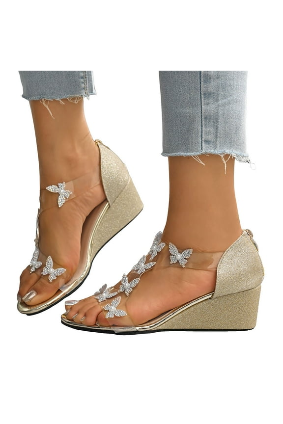 Butterfly Rhinestones Dress Sandals for Women 2025 Bling Gold Clear Wedge High Heels Bride Wedding Shoes