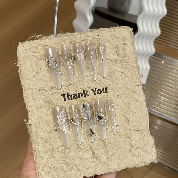 Butterfly Rhinestones Handmade Press on Nails for Women Aesthetic Prom Designer Long Stiletto White Fake Nails