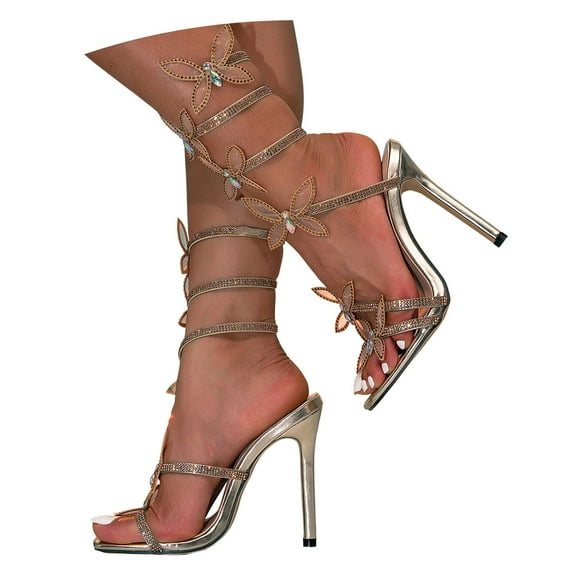 Butterfly Rhinestones Strappy Dress Sandals for Women Glitter Square Toe Stiletto High Heel Dressy Sandals