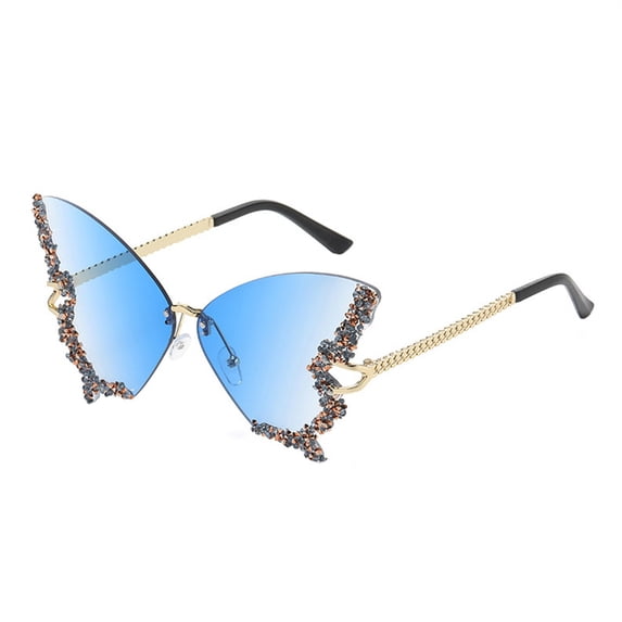 Butterfly Rimless Sunglasses for Women, Gradient Lens Rhinestone Trim Metal Temples Fashion Eyewear for Outdoor Travel Party Daily Wear Blue