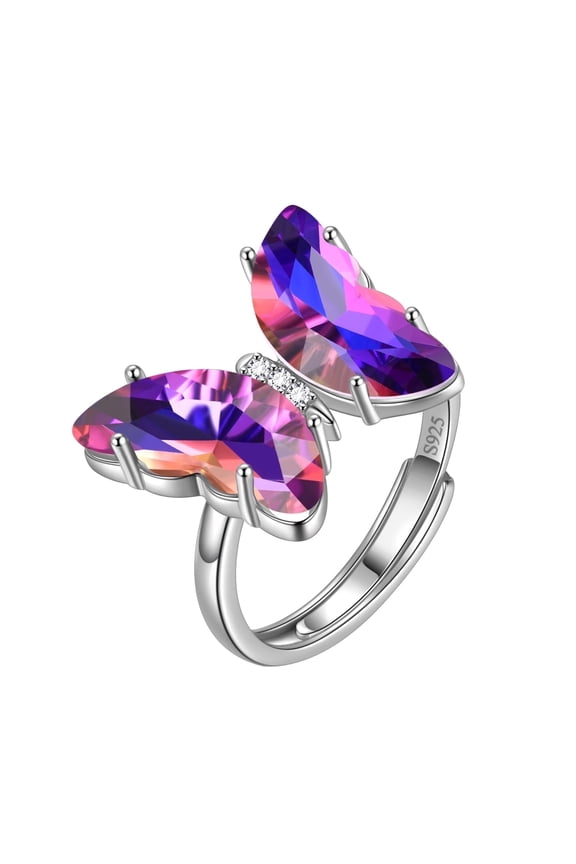 Purple Butterfly Ring Amethyst February Birthstone Rings Adjustable Crystal Jewelry 925 Sterling Silver Women Birthday Mother's Day Gifts