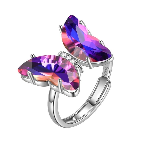 Purple Butterfly Ring Amethyst February Birthstone Rings Adjustable Crystal Jewelry 925 Sterling Silver Women Birthday Mother's Day Gifts