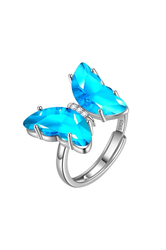 Blue Butterfly Ring Aquamarine March Birthstone Rings Adjustable Crystal Jewelry 925 Sterling Silver Women Birthday Mother's Day Gifts Juwaliy