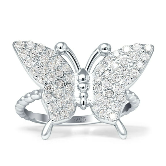 Butterfly Ring Beaded Band Cubic Zirconia White Tone 925 Sterling Silver, Size 5