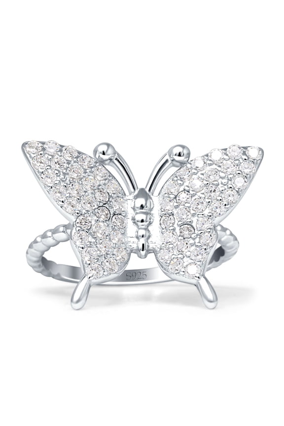 Butterfly Ring Beaded Band Cubic Zirconia White Tone 925 Sterling Silver, Size 8