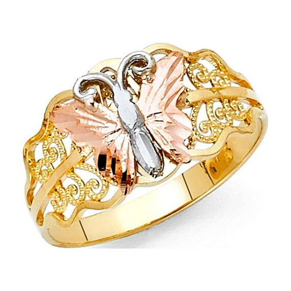 Butterfly Ring Solid 14k Yellow White Rose Gold Curve Band Diamond Cut Fancy Tri Color 10MM, Size 5.5