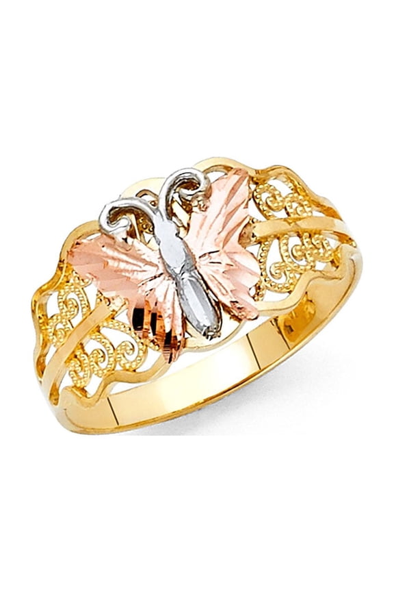 Butterfly Ring Solid 14k Yellow White Rose Gold Curve Band Diamond Cut Fancy Tri Color 10MM, Size 7