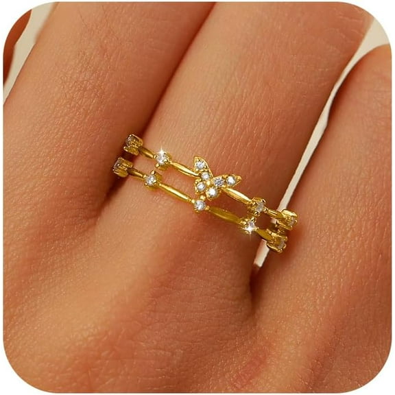 Butterfly Rings for Women 925 Sterling Silver 14K Gold Plated Dainty Cubic Zirconia Rings 2 Layered Branch Twig Ring Open Adjustable Stackable Rings Jewelry