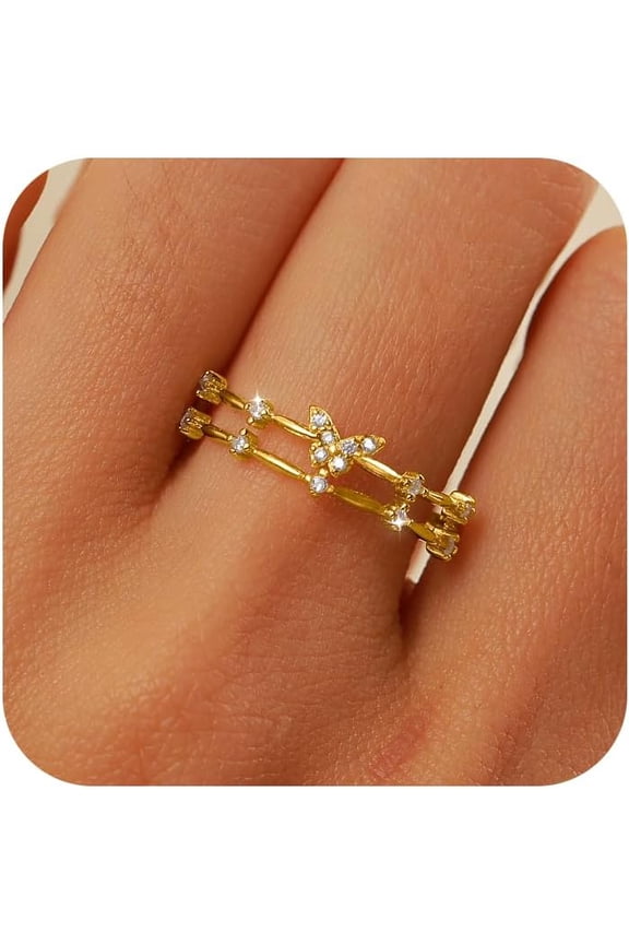 Butterfly Rings for Women 925 Sterling Silver 14K Gold Plated Dainty Cubic Zirconia Rings 2 Layered Branch Twig Ring Open Adjustable Stackable Rings Jewelry