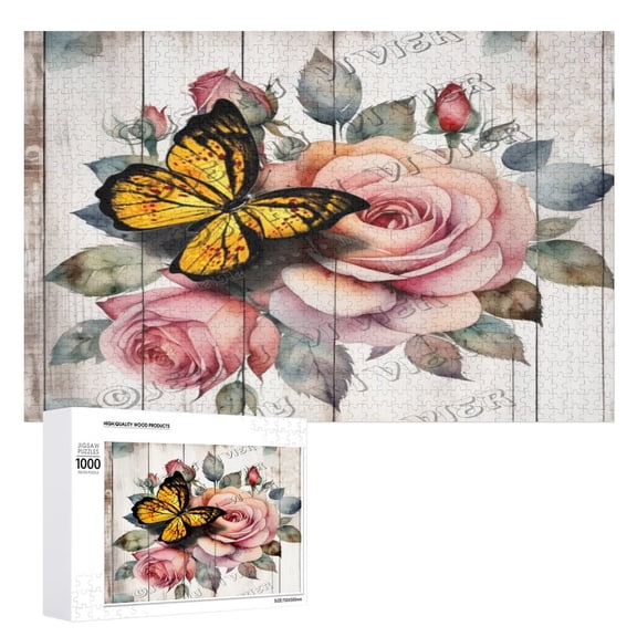Butterfly on The Rose 1000 Piece Jigsaw Puzzle for Adults,Wooden 1000 Piece Puzzle,Fun Challenging Brain Exercise Family Game Creative Gift for Friends Parents Grandparents