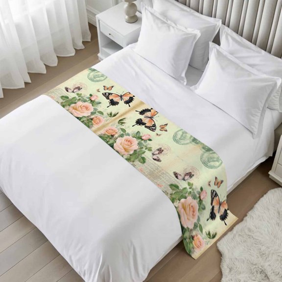 Butterfly Rose Bed Runner Scarf, Vintage Old Newspaper Twin Bed Scarf Runner, No Fading Decorative Bedding Scarf for Bedroom Hotels Homes and Guestrooms