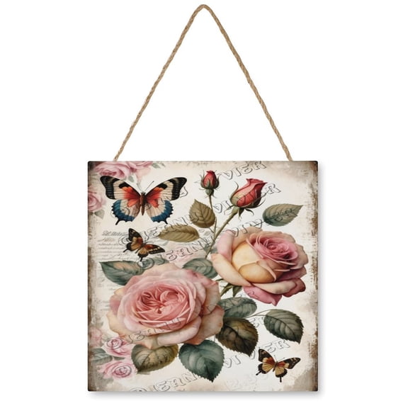 Butterfly And Rose Decor Wood Hanging Sign Square Wall Decor for Girls Dorm, Spring & Summer Wall Art Ready to Hang for Office Living Room Home Decorations 12"x12"