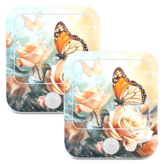 Butterfly Rose Flower Sunshine 2 Pack LED Motion Sensor Night Light Plug into Wall Auto Dusk to Dawn Adjustable Brightness for Kids Bedroom Hallway Nursery Room