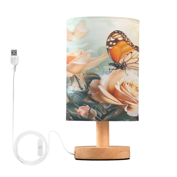 Butterfly Rose Flower Sunshine Bedside Table Lamp Desk Warm Lights with USB Charging Port Cylinder LED Lamps for Bedroom Living Room Office