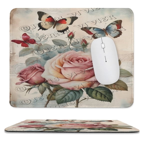 Butterfly And Rose Gaming Mouse Pad Custom, Floral Mouse Pads for Wireless Mouse Desk Accessories,Small Mouse Pads for Desk,Stitched Edge Mousepad with Non-Slip Rubber Base 10"x12"