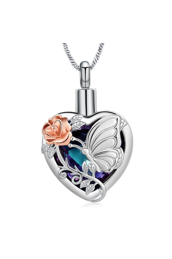 Butterfly&Rose Necklace Urn Cremation Jewelry for Ashes with Crystal Heart Urn Necklace Lockets for Human Ashes Pet Ashes Pendent for Ashes and Chain