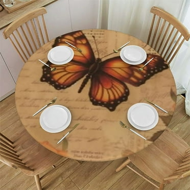 Butterfly Rose Round Fitted Tablecloths with Oil Proof Fabric Table Cover Small Table Cloth