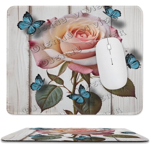 Butterfly on The Rose Themed Mouse Pad with Stitched Edge,Non-Slip Rubber Base,Premium-Textured, Gaming Mouse Pad for Wireless Mouse,Computers,Laptop,Office 10"x12"