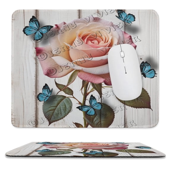 Butterfly on The Rose Themed Mouse Pad With Stitched Edge,Non-Slip Rubber Base,Premium-Textured, Gaming Mouse Pad for Wireless Mouse,Computers,Laptop,Office 10"x12"