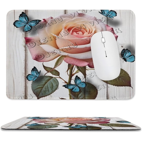 Butterfly on The Rose Themed Mouse Pad with Stitched Edge,Non-Slip Rubber Base,Premium-Textured, Gaming Mouse Pad for Wireless Mouse,Computers,Laptop,Office 8"x10"