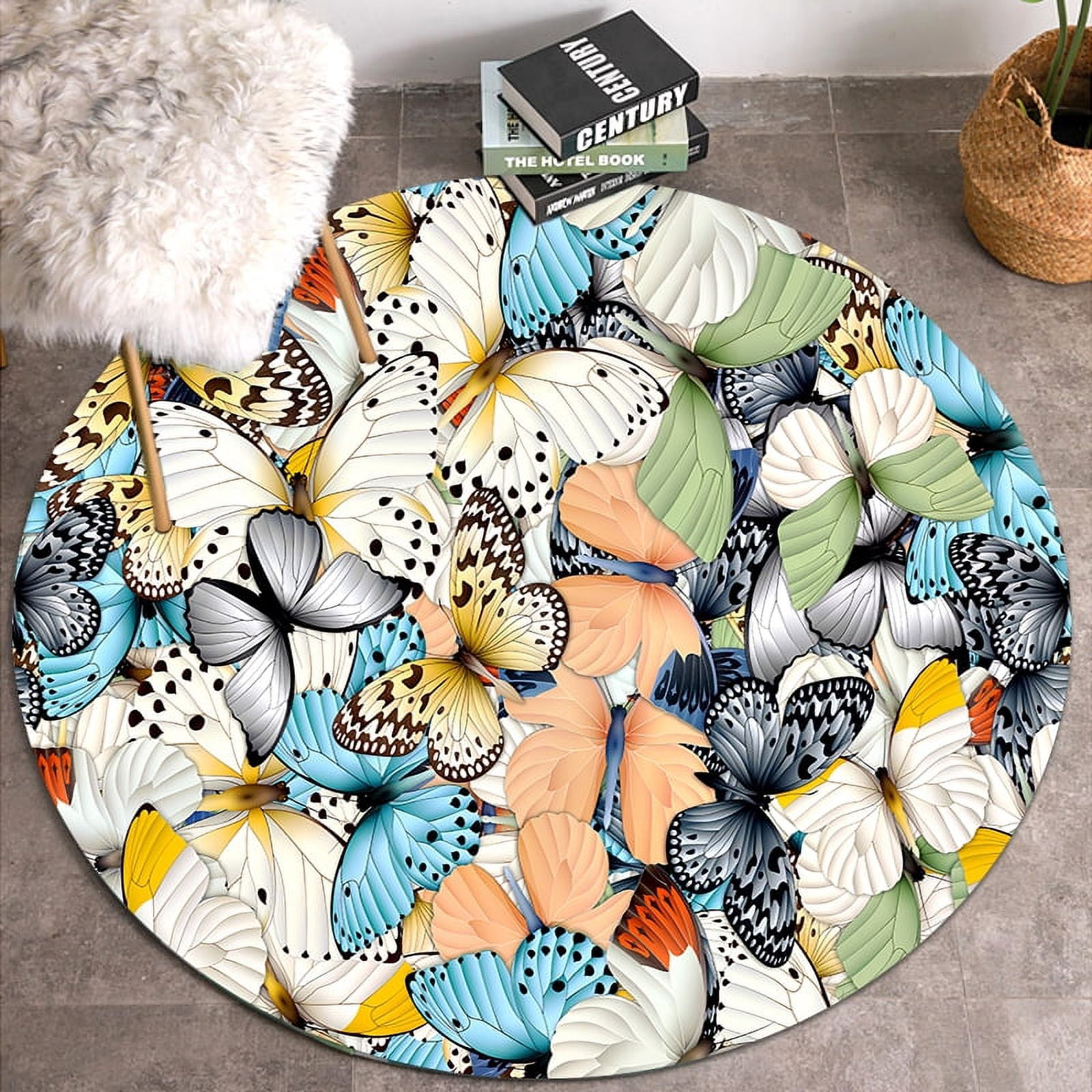 Flenno Rug Butterfly Round Flannel Carpet for Living Room Mat Children Carpet ...