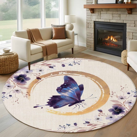 Butterfly Round Living Room Rugs 7 ft, Watercolor Purple Butterfly Floral Leaf Linen Texture Washable Area Rug with Non-Slip Sturdy Edge Binding Round Carpet for Kitchen Office Bedroom