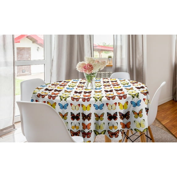 Butterfly Round Tablecloth, Assortment of Detailed Butterflies in Various Shapes Vibrant Colored Creatures, Circle Table Cloth Cover for Dining Room Kitchen Decor, 60", Multicolor, by Ambesonne