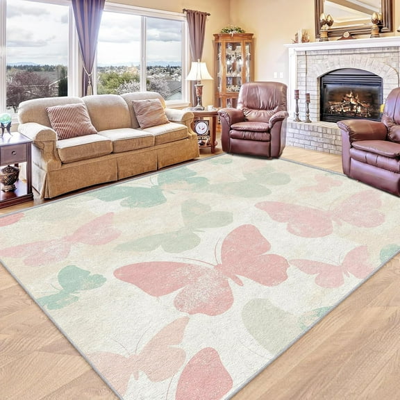 Butterfly Rug Washable Butterflies Rugs For Living Room Bedroom, Shabby Chic Area Rug For Home Decor, Non Slip Backing Floor Carpet 4x6ft