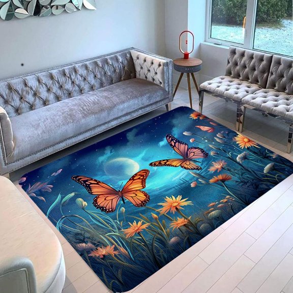 Butterfly Rugs for Girls Bedroom Decor Blue Butterfly Theme Prints Carpets for Girls Butterfly Area Rug Floor Polyester Mat Rectangle Area Rug , Modern Home Style