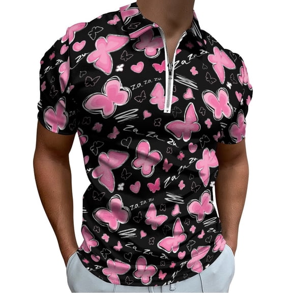 Butterfly Seamless Black Pattern Men Zipper T-shirt Summer Casual Short Sleeve T-shirt Top