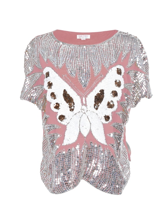 Butterfly Sequined Pink Women's Dolman Blouse - Small