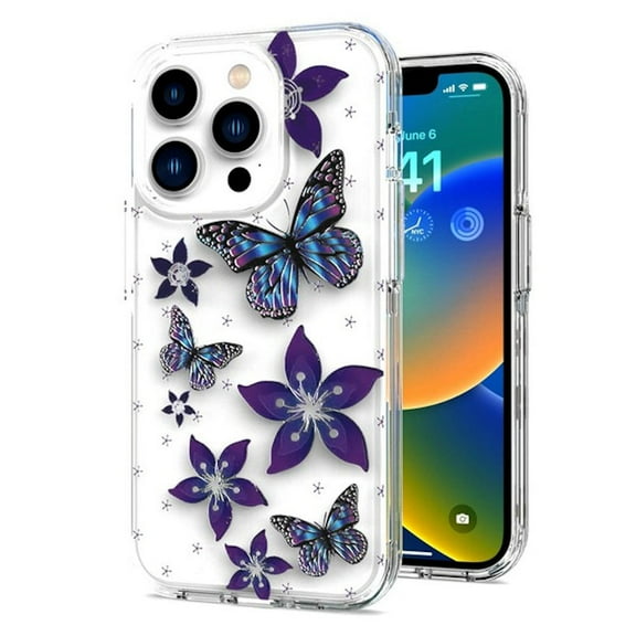 Butterfly Series Dual Layer Transparent Hybrid Case for iPhone 14 Plus - Purple