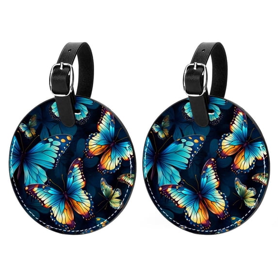 Butterfly Set of 2pcs PU Leather Round Suitcase Tags with Privacy Cover and Name ID Tag - Ideal for Travel Luggage, Handbags, Backpacks, School Bags