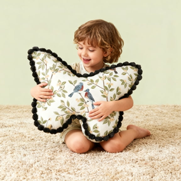 Butterfly-Shape Decorative Throw Pillow Vintage Pillowcovers with Fringe Tree Bird Cute Embroidered Pillow for Living Room Couch Sofa Bed Rustic Boho