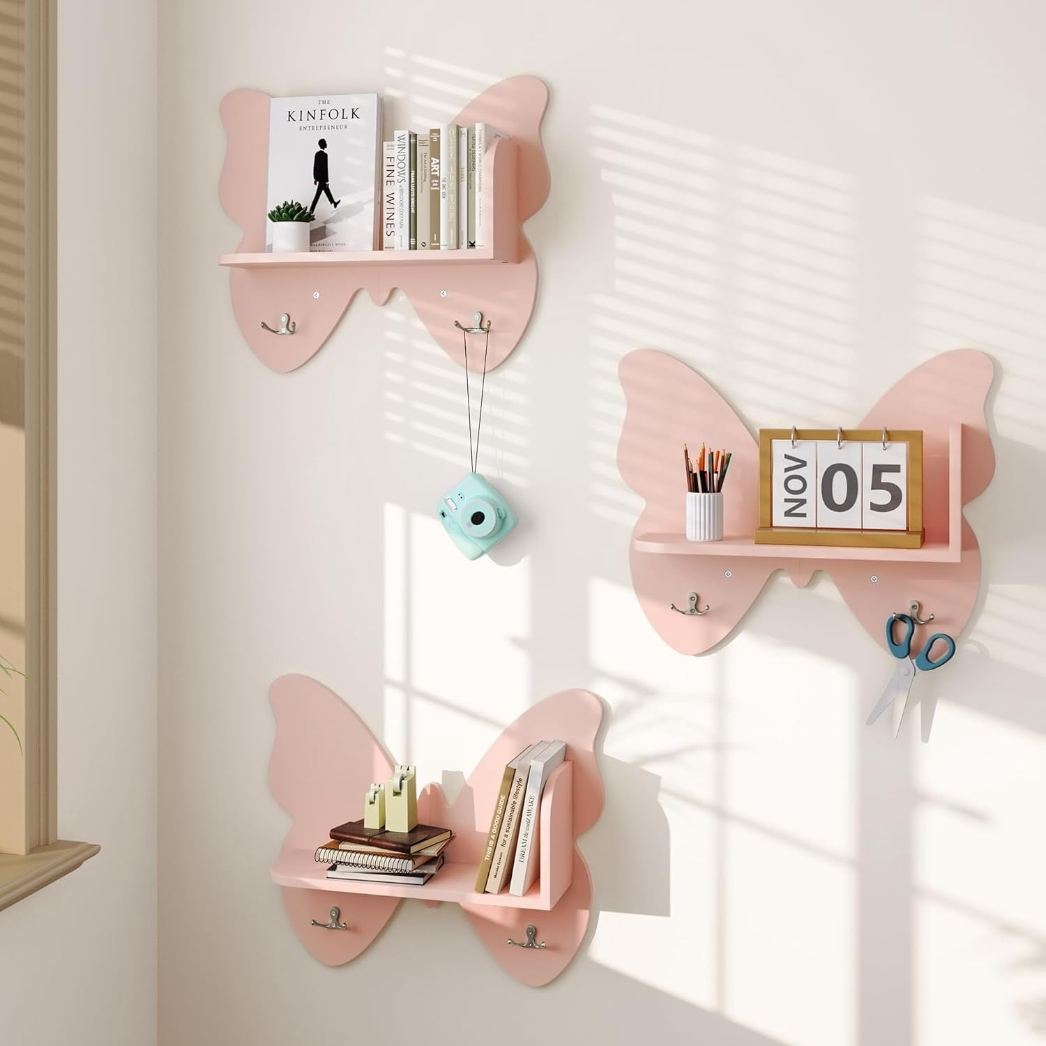 Butterfly Shaped 3 Tier Wall Shelves with Hooks, Small Floating Shelves ...