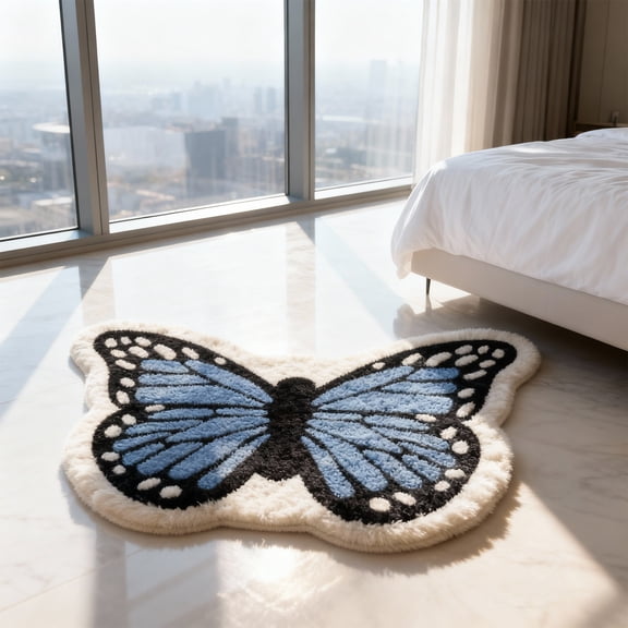 Butterfly Shaped Area Rug for Living Room, Bedroom, Bathroom, Entryway, Soft Low Profile Mat, More Hygienic, Easy to Clean, Anti-slip Heavy Rubber Mat, Home Decor, 40 x 27.5 inch(Light Blue)