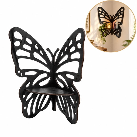 Black Butterfly Corner Wall Shelf, 9 inch Solid Wood Floating Corner Shelf, Boho Decor for Crystals, Living Room Bedroom Office