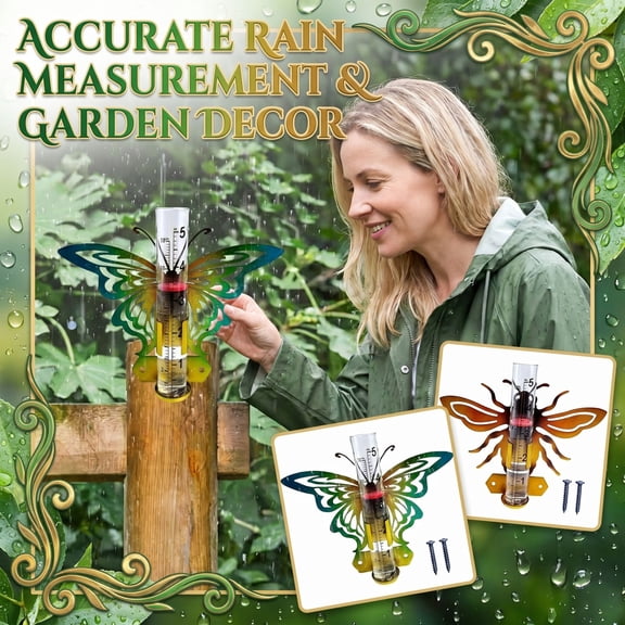 Butterfly Shaped Glass Rain Gauge, Decorative Outdoor Garden Rain Meter, Metal Frame with 5-Inch Clear Glass Tube, Weatherproof Precipitation Gauge for Yard, Patio, Lawn