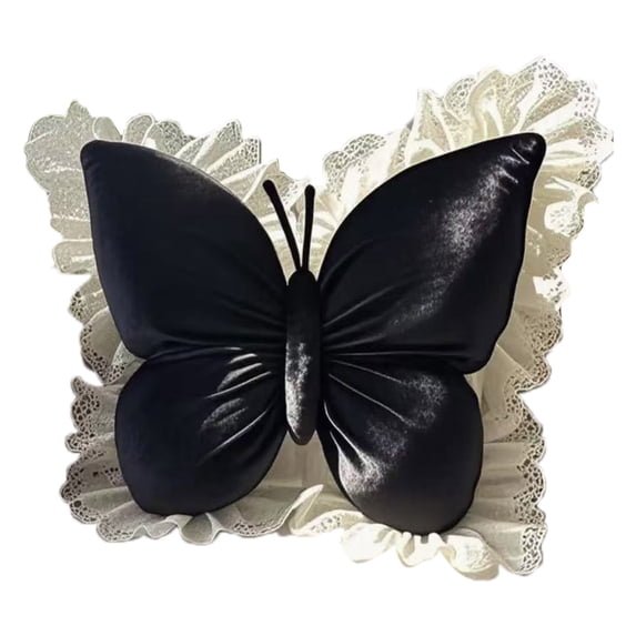 Butterfly Shaped Throw Pillow - Black - 55x55cm Velvet Cushion with Lace Trim, Elegant Decorative Pillow for Sofa, Bed & Living Room (1pc)
