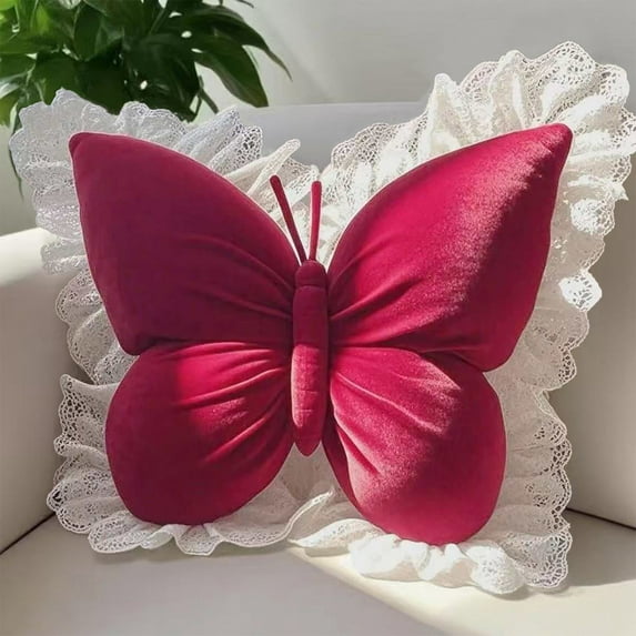 Butterfly Shaped Throw Pillow, Velvet Decorative Lumbar Cushion for Sofa Bed Office Chair Car Seat Support, Unique Housewarming Gift(Red,A)