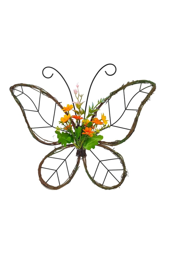 Butterfly Shaped Wreath with Flowers, Natural Rattan Twig Garland Spring Artificial Floral Wreaths for Front Door Wall Door Window Decor