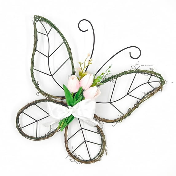 Butterfly Shaped Wreath with Pastel Berries and Floral Spring Artificial Wreaths for Front Door Decor