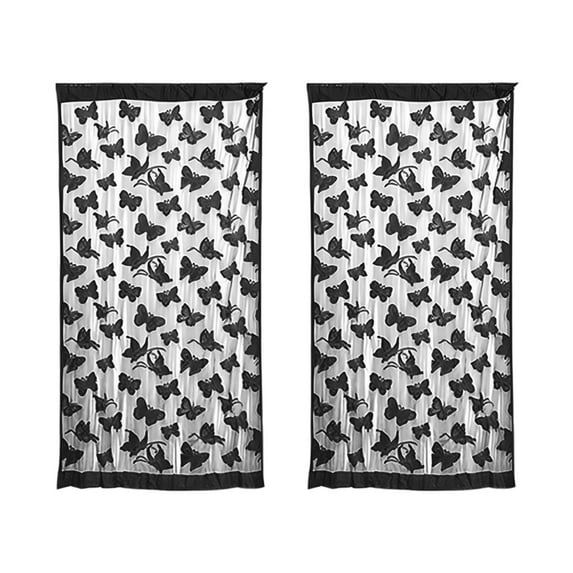 Butterfly Sheer Curtain Panels for Girls Nursery Bedroom, Toddler Gold Print Linen Textured Farmhouse Rod Pocket Window Drapes 79 Inch for Kids Adult Room, 2 Panels, Black